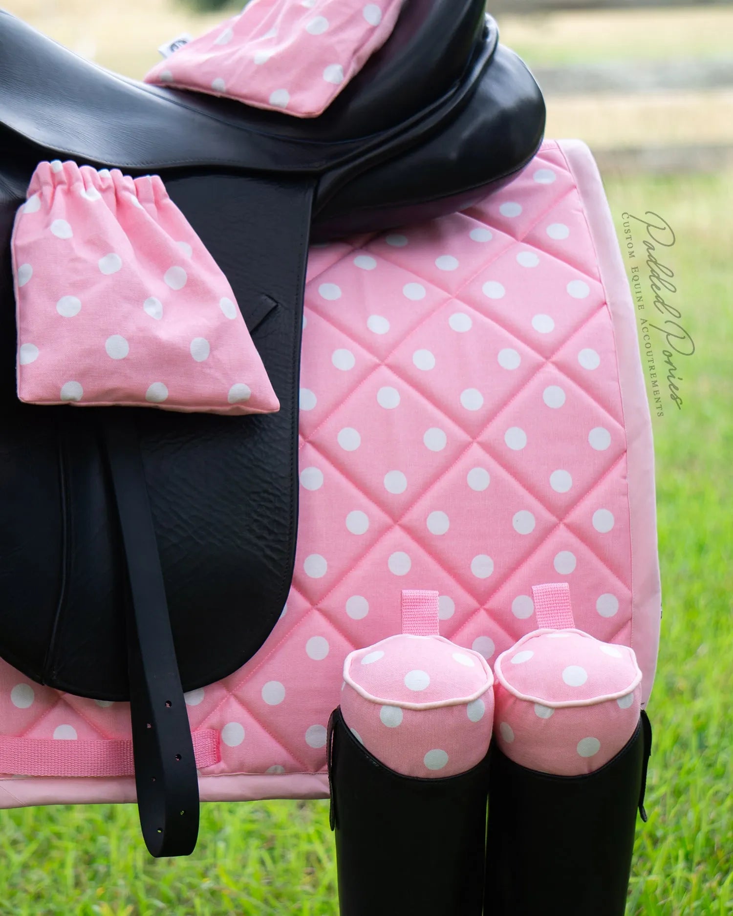 Baby Pink Polka Dot Dressage Saddle Pad and Matching Stirrup Covers and Boot Trees