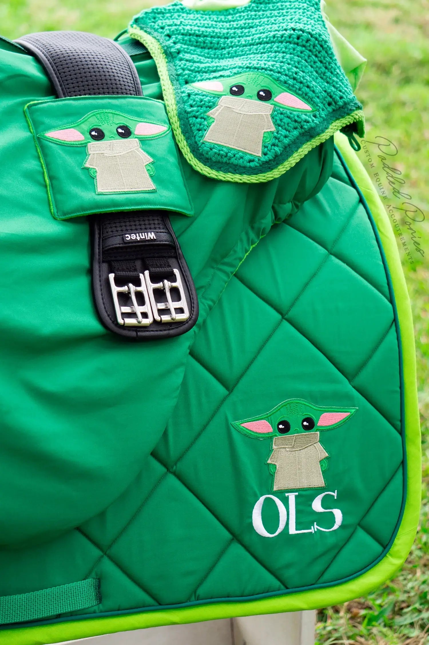 Green Star Wars The Mandalorian Baby Yoda Grogu Patch All Purpose Saddle Cover with Girth holder Pocket and Matching Accessories