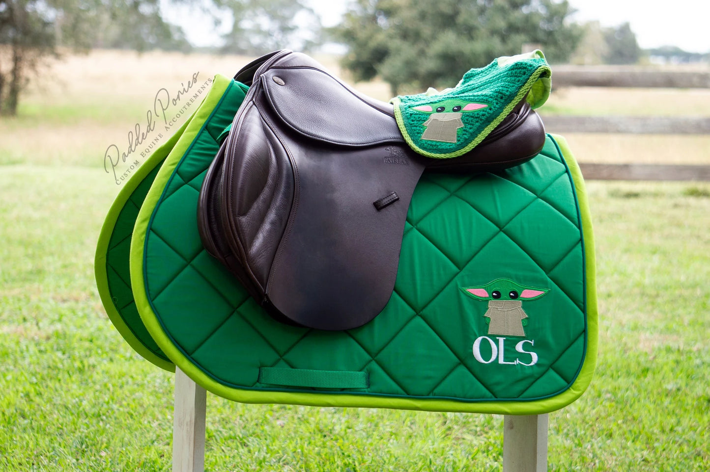 Green Mandalorian Star Wars Baby Yoda Grogu Patch Monogrammed All Purpose Saddle Pad with Matching Fly Veil Bonnet