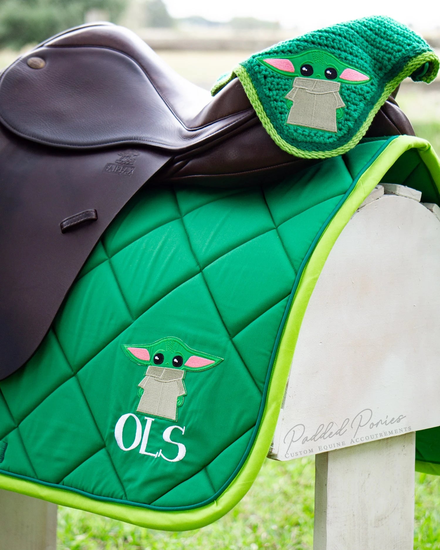 Green Baby Yoda Grogu Patch Monogrammed All Purpose Saddle Pad with Matching Fly Veil Bonnet