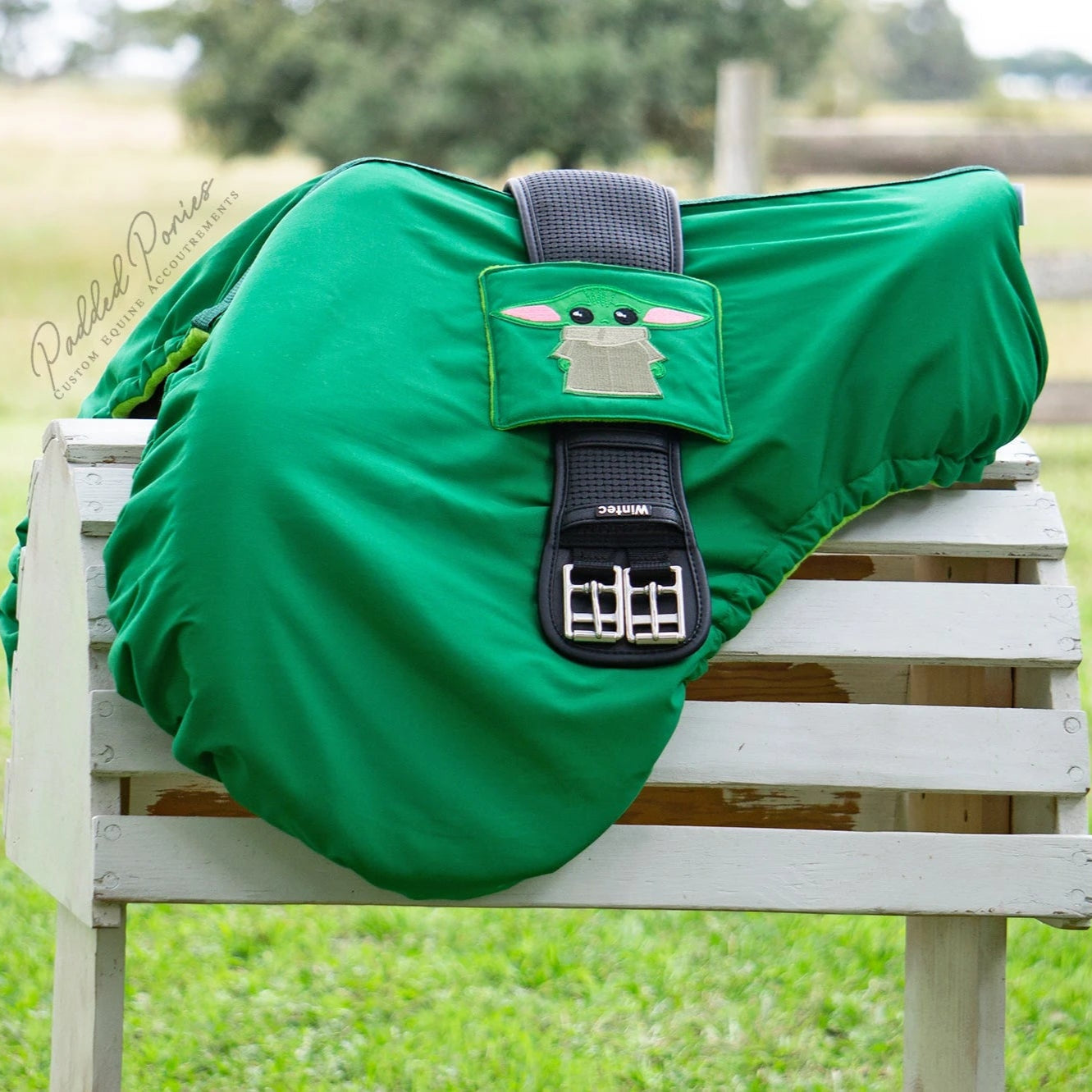 Green Star Wars The Mandalorian Baby Yoda Grogu Patch All Purpose Saddle Cover with Girth holder Pocket