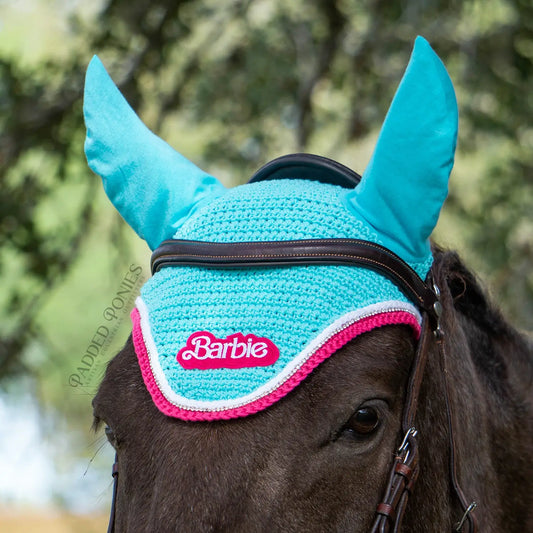 Aqua Blue and Hot Pink Barbie Patch Fly Veil Bonnet with Rhinestones