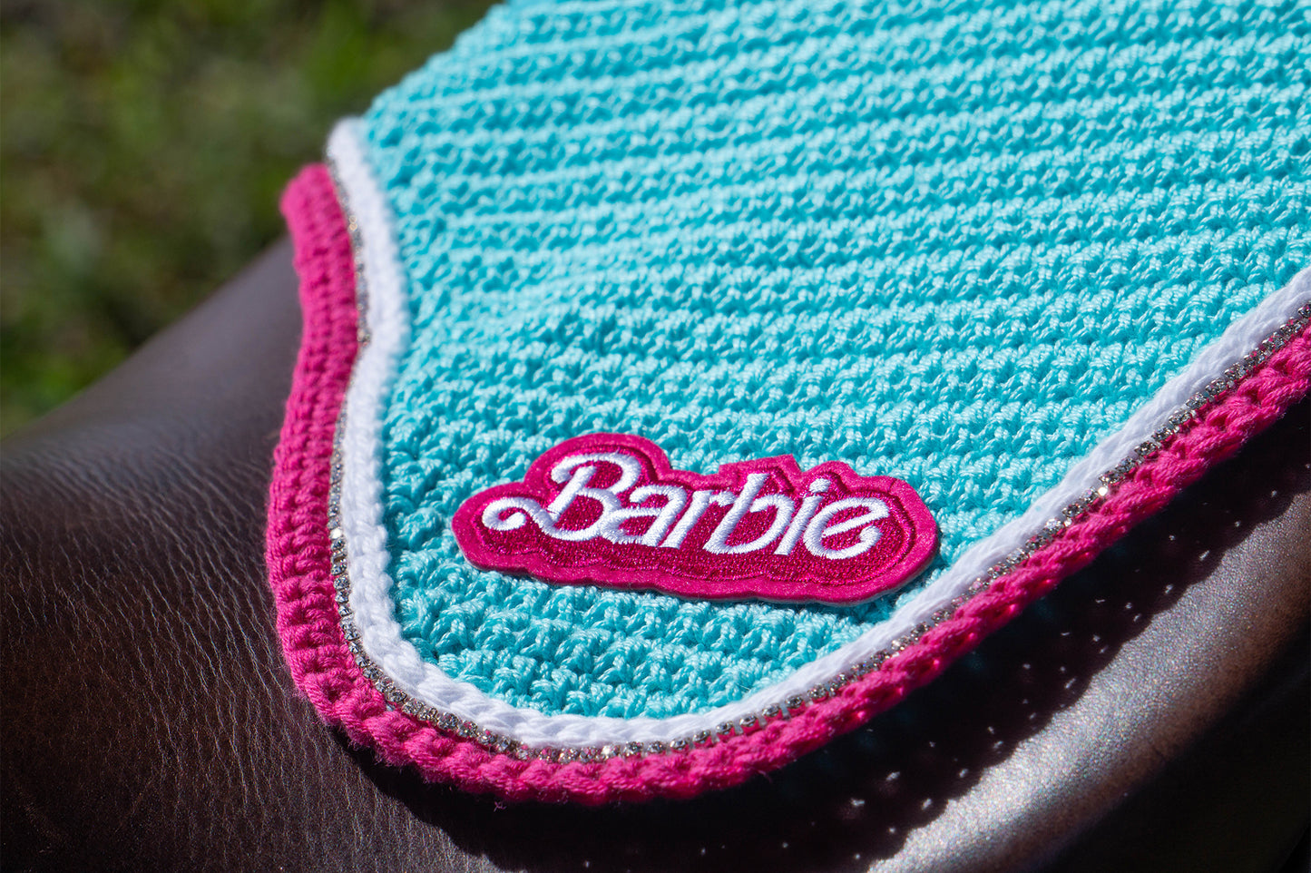 Aqua and Pink Barbie Patch Fly Veil Bonnet with Rhinestones