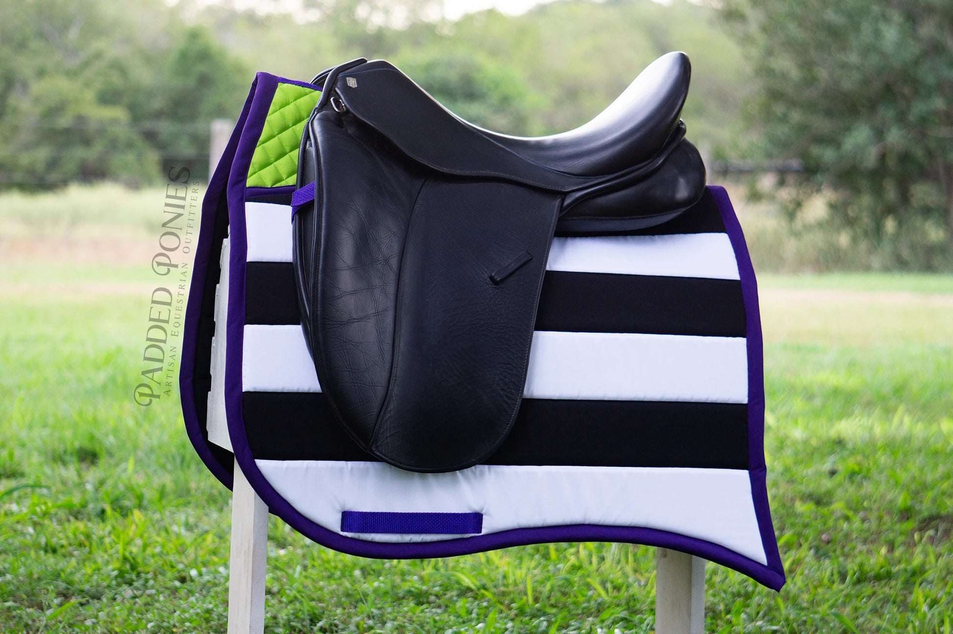 Black, White, Purple, and Lime Green Stripe Halloween Beetlejuice High Wither Dressage Saddle Pad with Swallowtail Corner