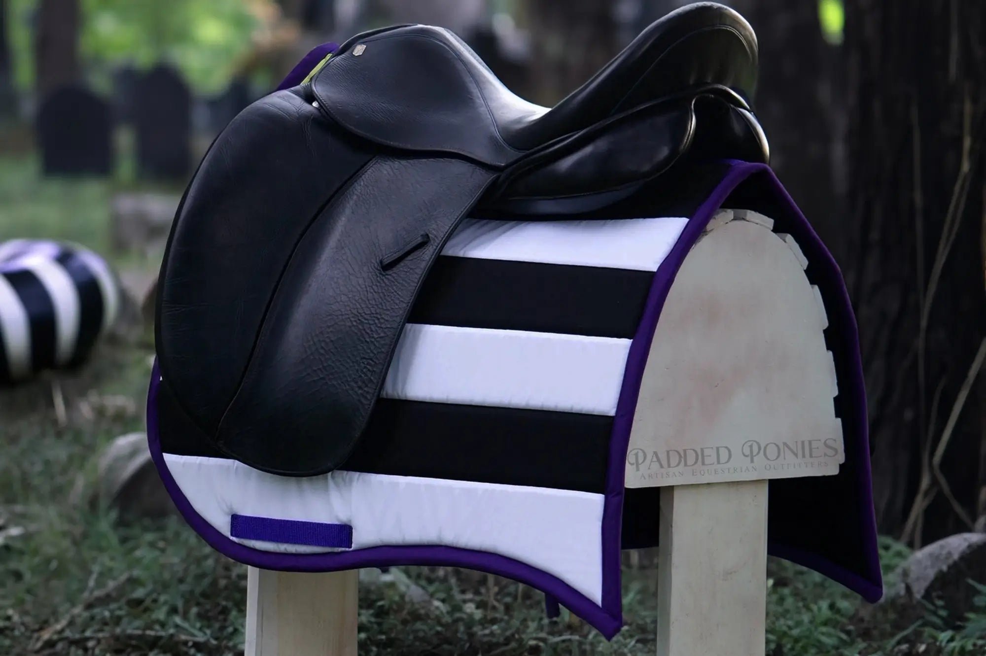 Black, White, and Purple Stripe Beetlejuice Halloween Saddle Pad with Swallowtail Corner