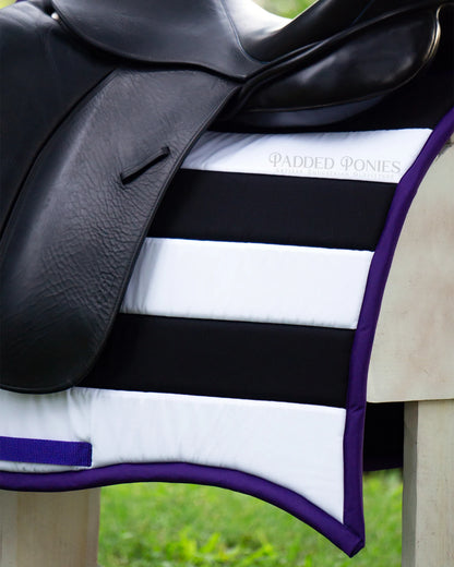Black, White, Purple, and Lime Green Stripe Halloween Beetlejuice High Wither Dressage Saddle Pad with Swallowtail Corner