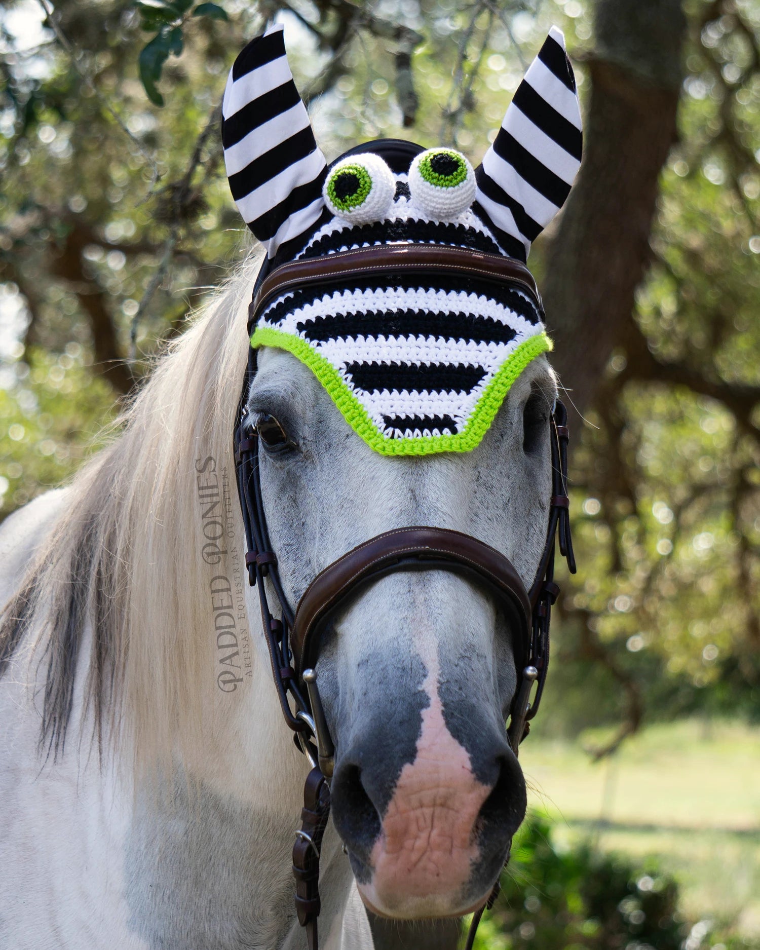 Black and White Striped Halloween Bonnet with Lime Green Accents and Monster Eyeballs
