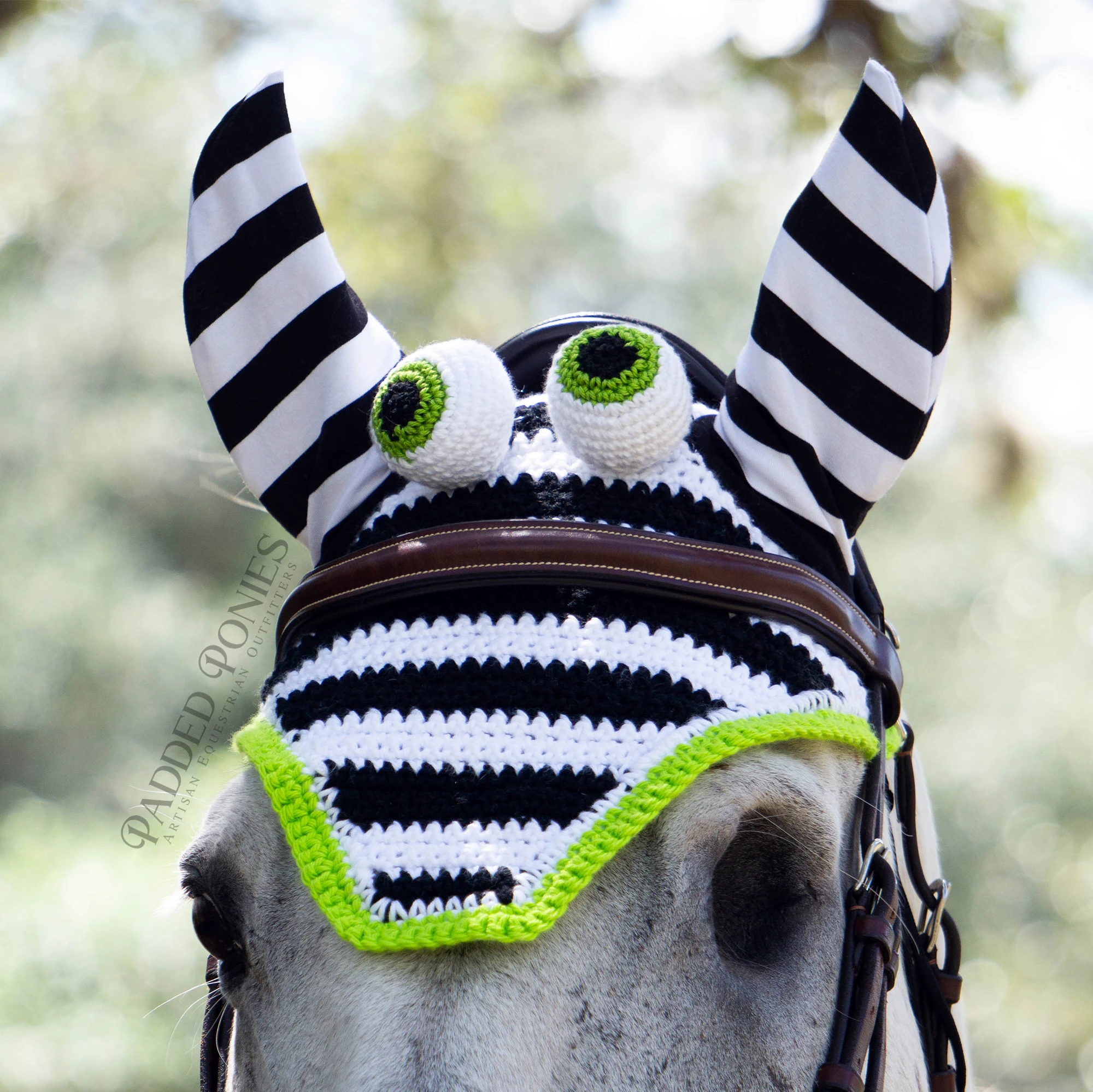 Black and White Striped Halloween Bonnet with Lime Green Accents and Monster Eyeballs