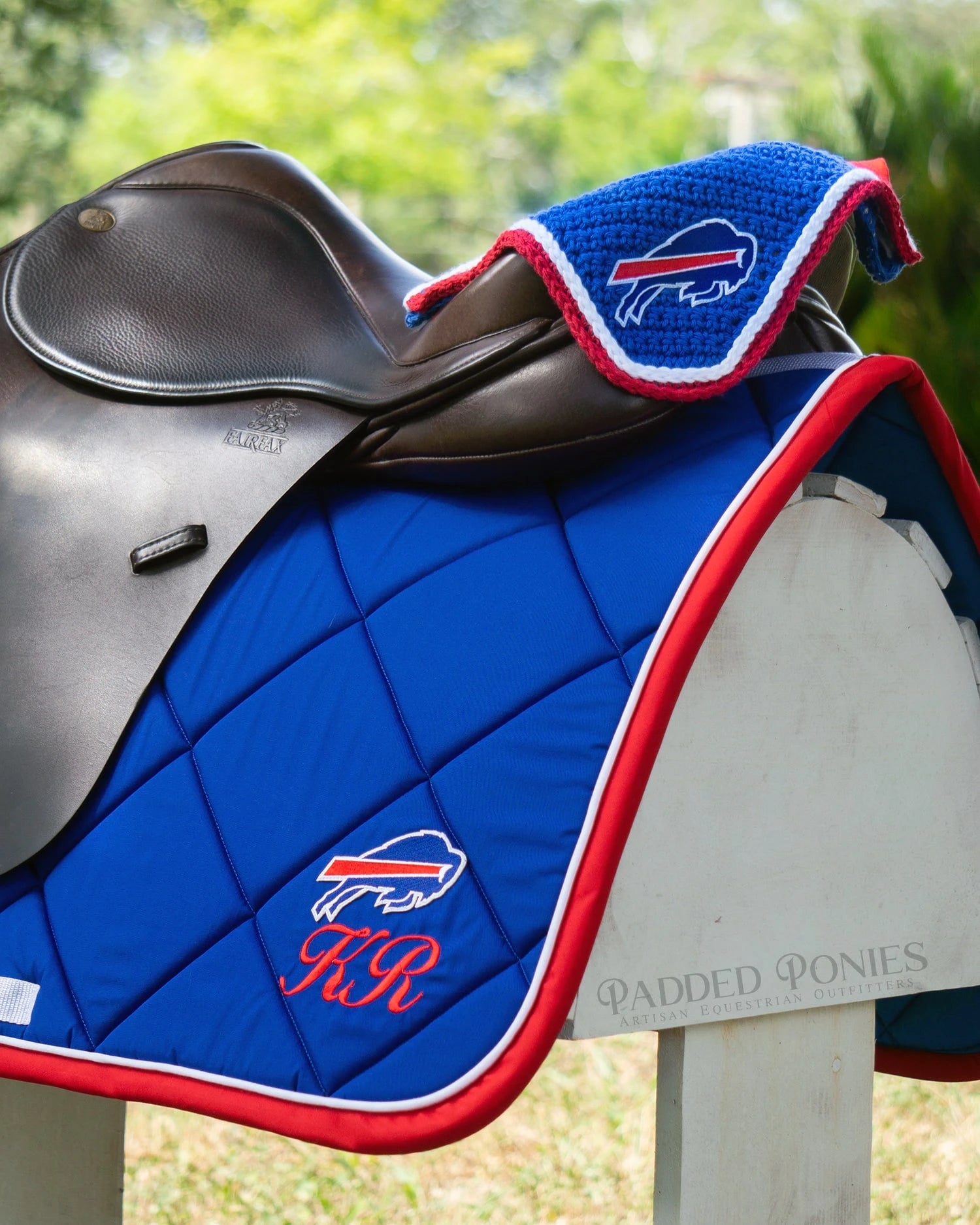 Royal Blue and Red Buffalo Bills Football Patch Monogrammed All Purpose Saddle Pad with Matching Fly Veil Bonnet