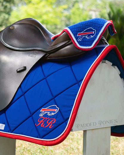 Red and Royal Blue Buffalo Bills Football Patch Fly Veil Bonnet with Matching Monogrammed Saddle Pad