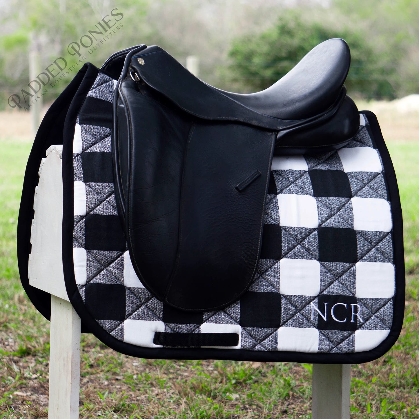 Black and White Buffalo Plaid Dressage Saddle Pad with Monogram