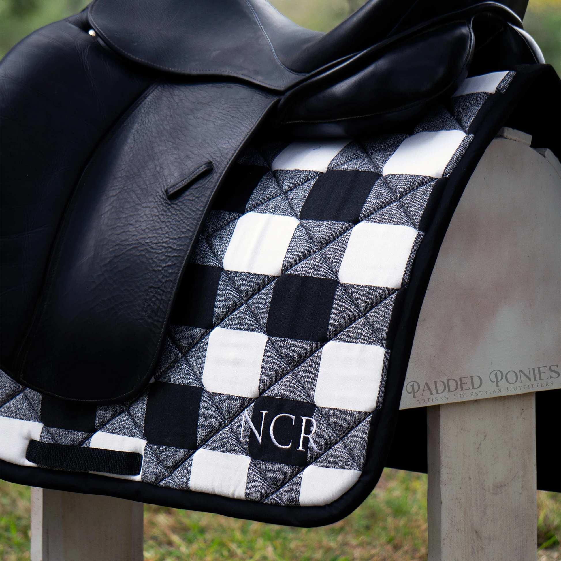 Black and White Buffalo Plaid Dressage Saddle Pad with Monogram