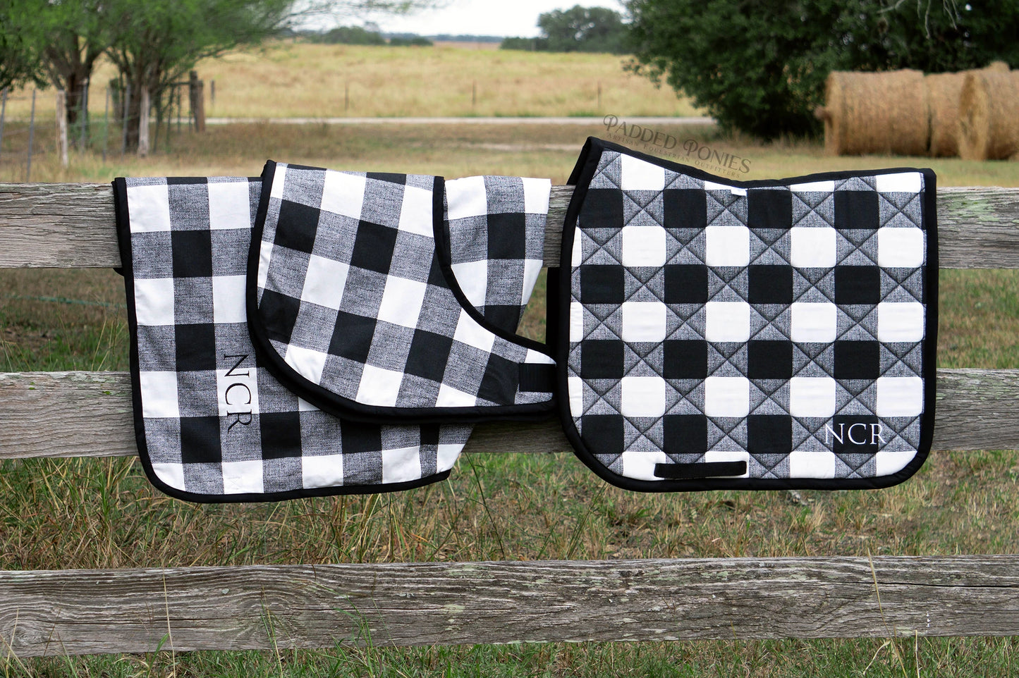 Black and White Buffalo Plaid Quarter Sheet with Monogram and Matching Dressage Saddle Pad