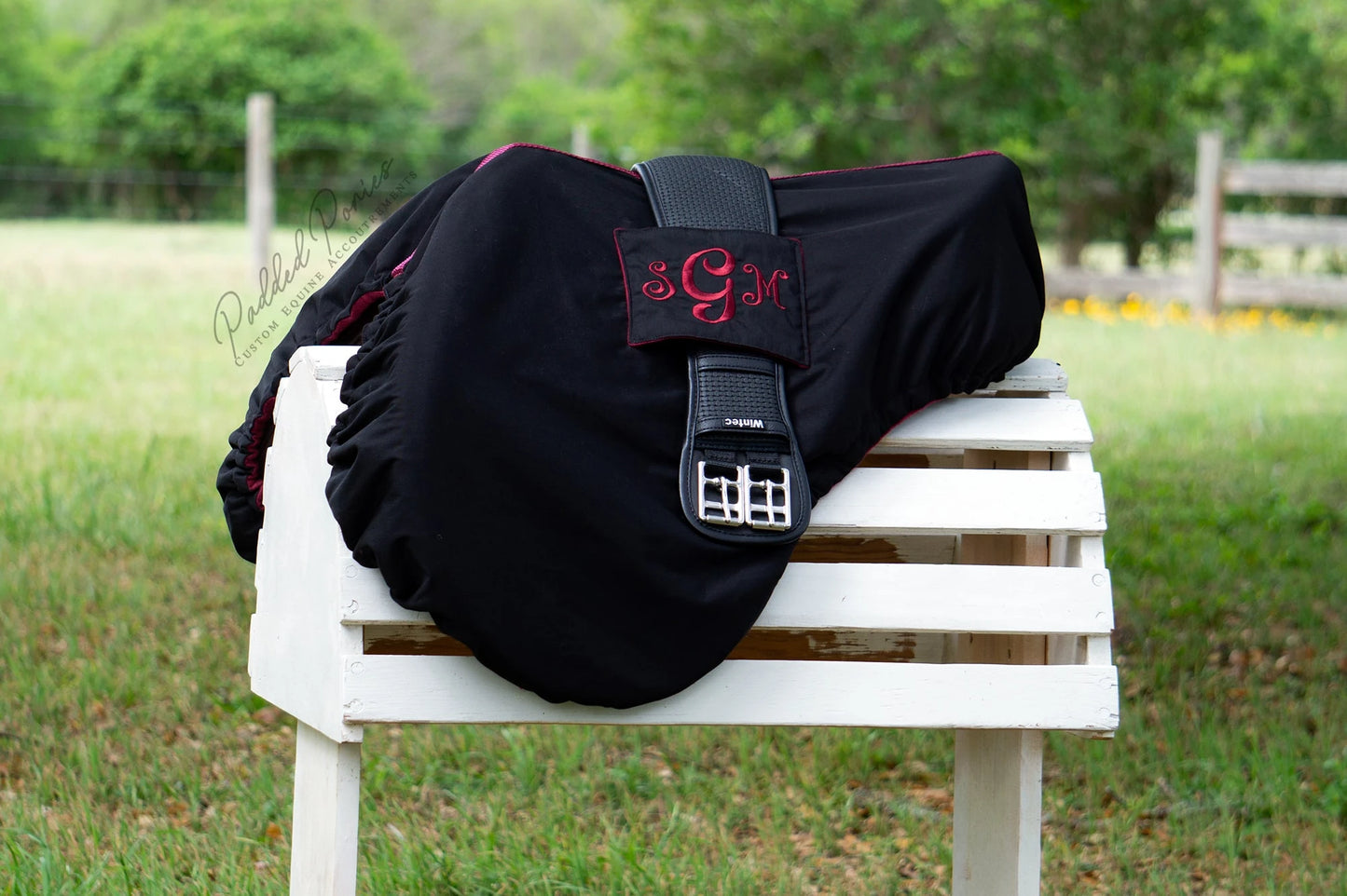 Black and Burgundy Monogrammed Solid Color All Purpose Saddle Cover with Girth Holder Pocket