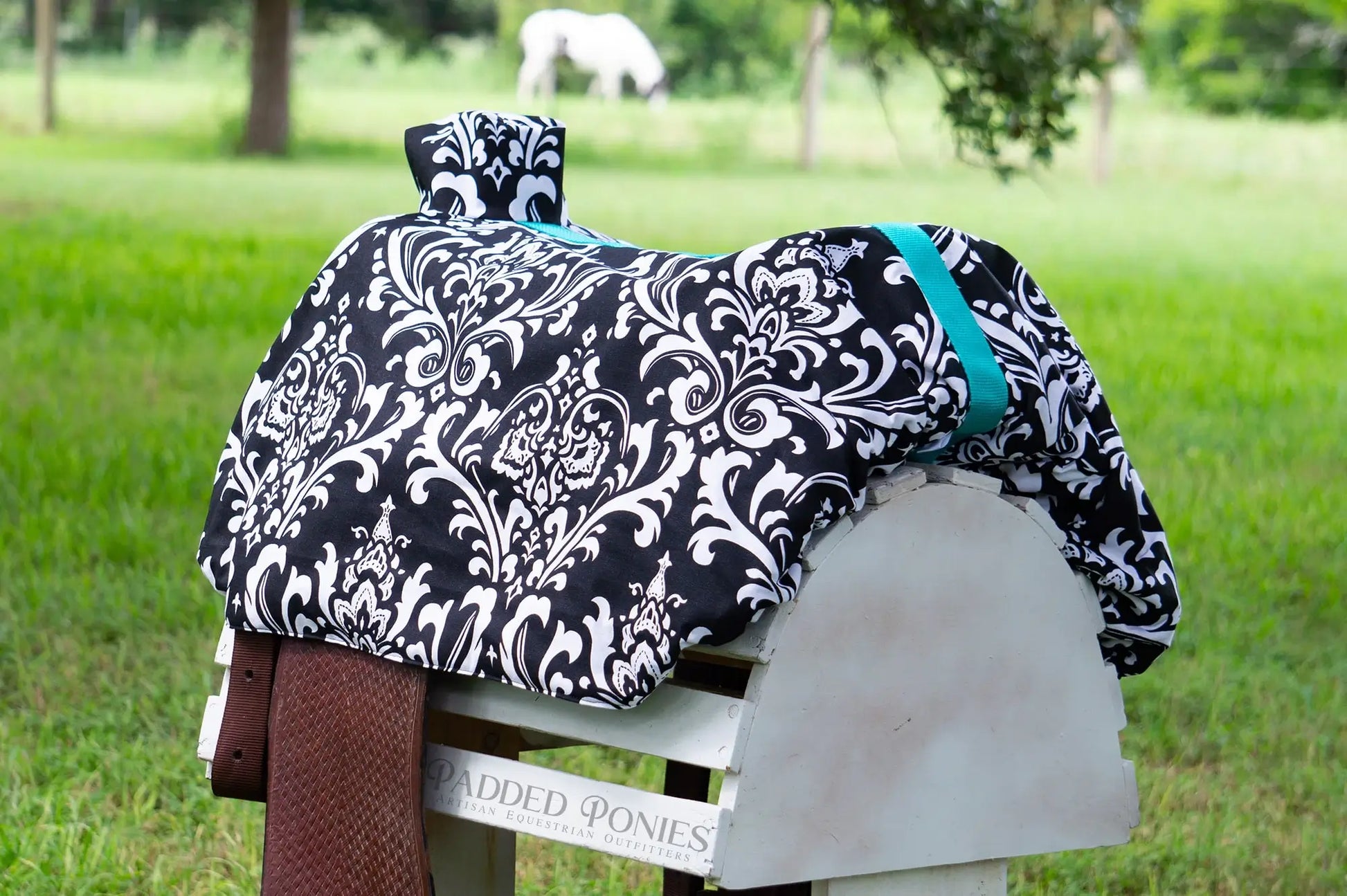 Black and Teal Turquoise Floral Damask Western Saddle Cover