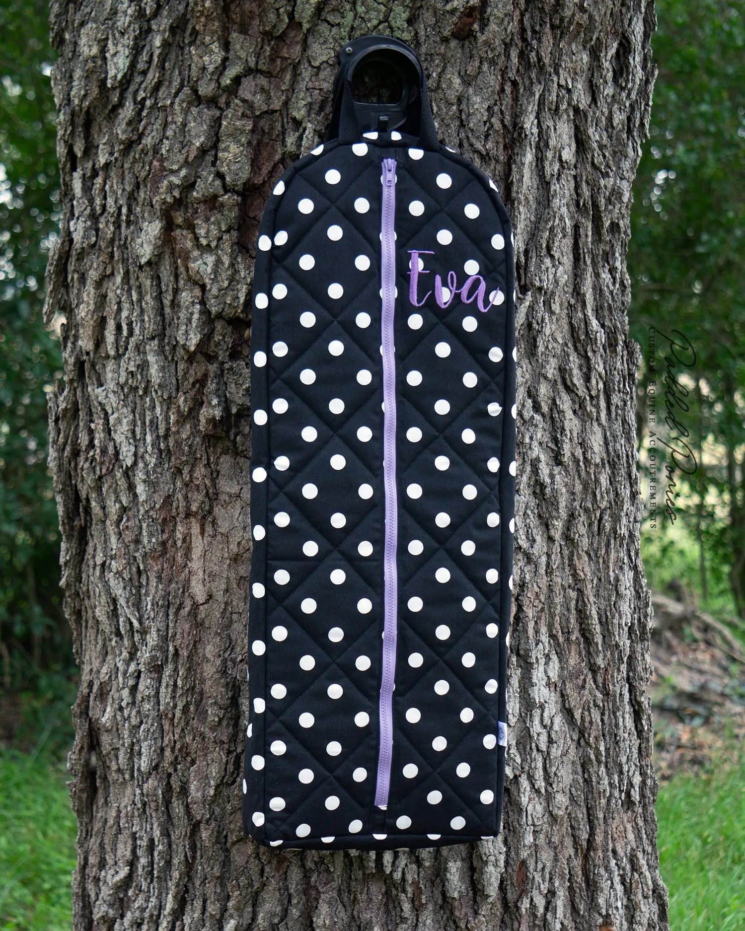 Black and Lavender Purple Polka Dot Monogrammed Bridle Bag