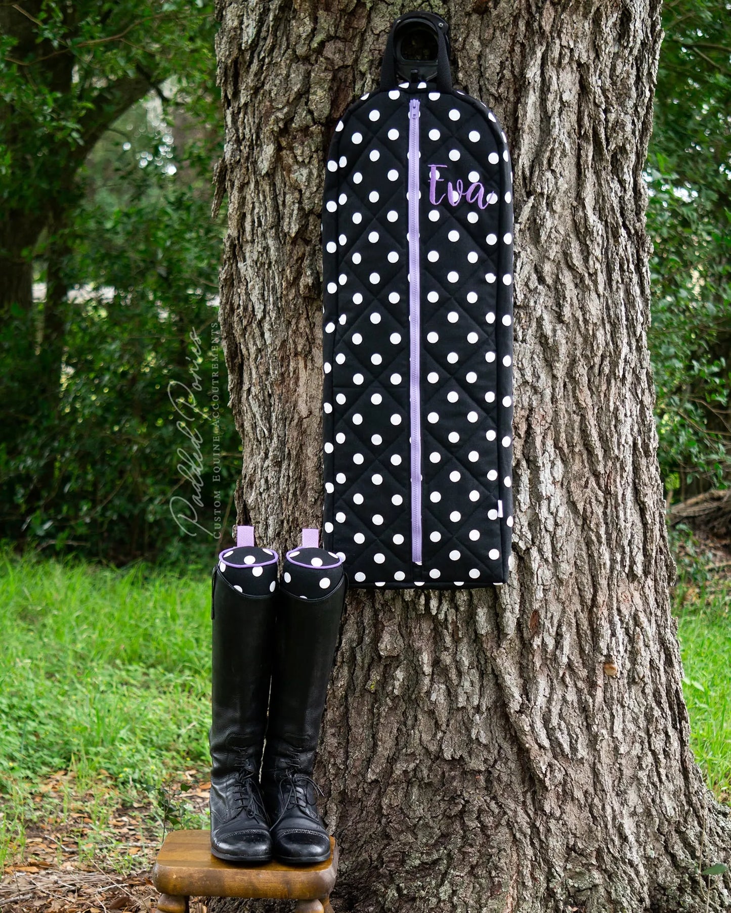 Black and Lavender Purple Polka Dot Boot Trees with Matching Monogrammed Bridle Bag