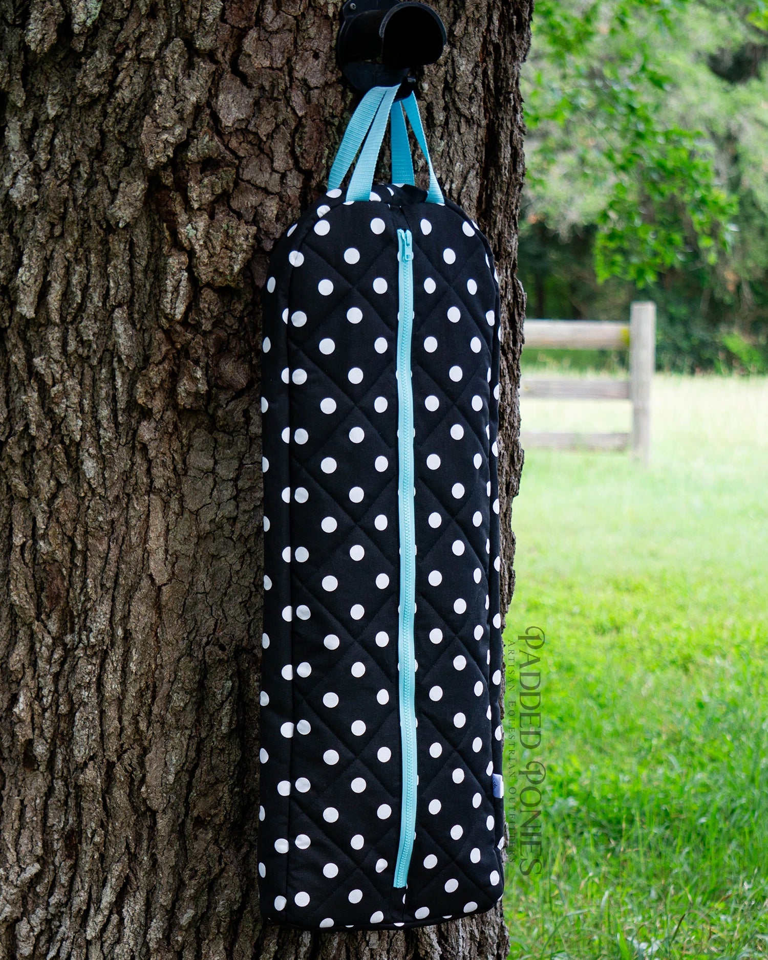 Black, White, and Aqua Blue Polka Dot Padded Bridle Bag