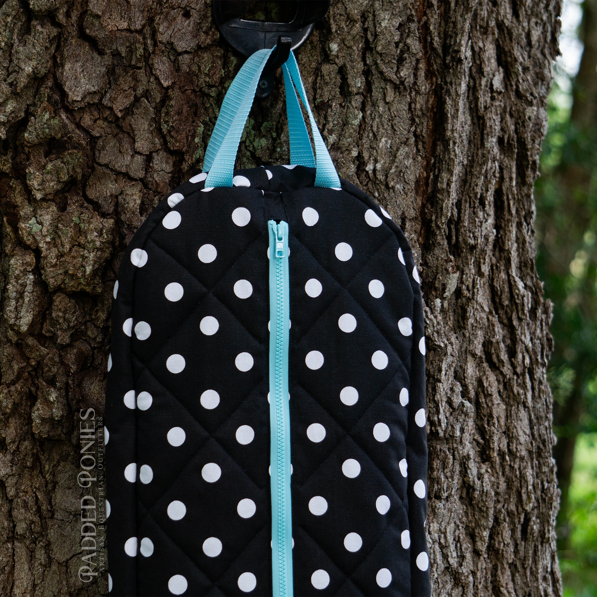 Black, White, and Aqua Blue Polka Dot Padded Bridle Bag