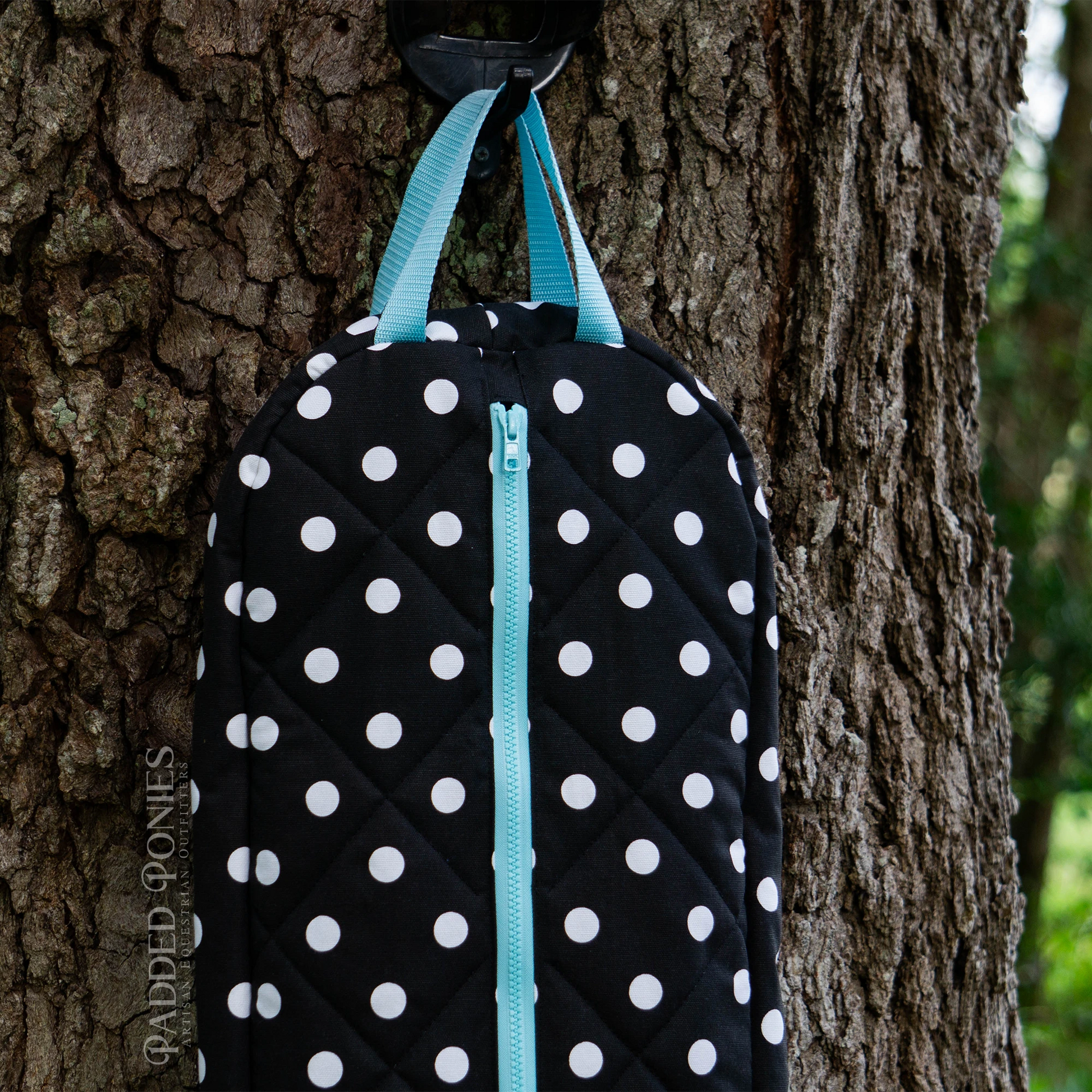 Black, White, and Aqua Blue Polka Dot Padded Bridle Bag