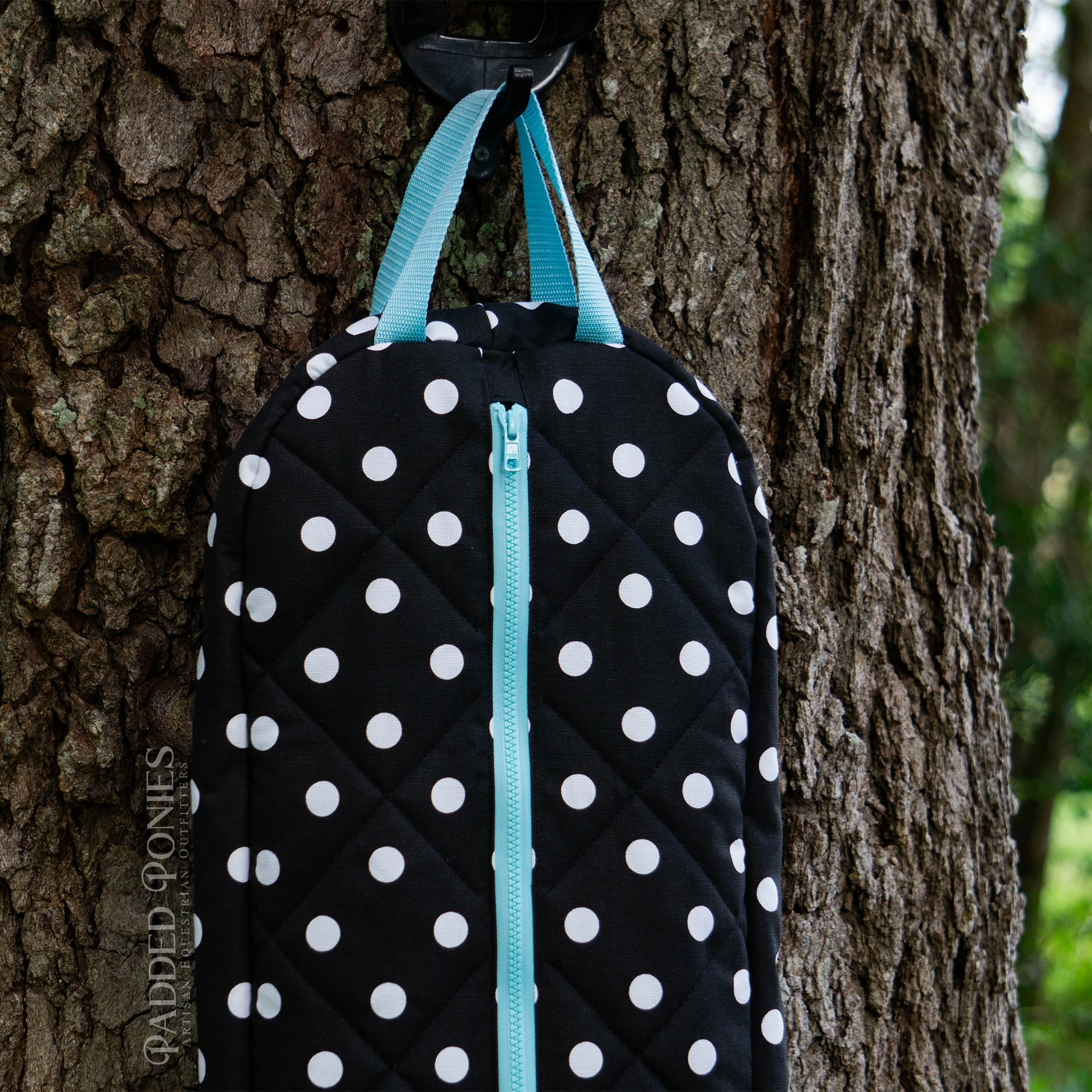 Black, White, and Aqua Blue Polka Dot Padded Bridle Bag