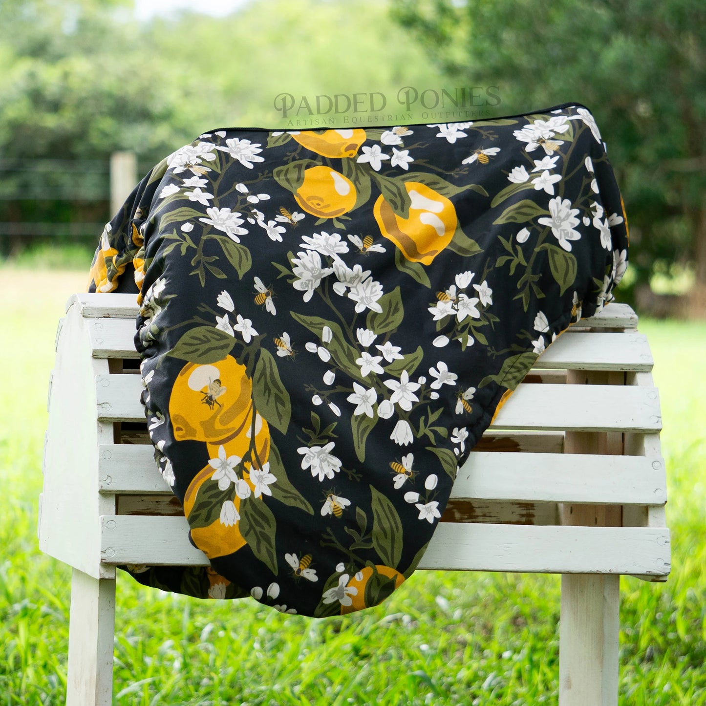 Black Lemons & Bees Floral Dressage Saddle Cover