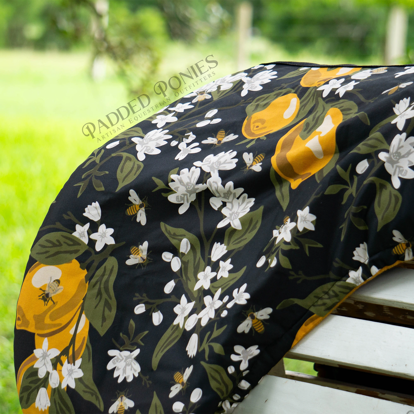 Black Lemons & Bees Floral Dressage Saddle Cover