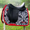 Black and Red Scroll Damask Print Dressage Saddle Pad with Embroidery