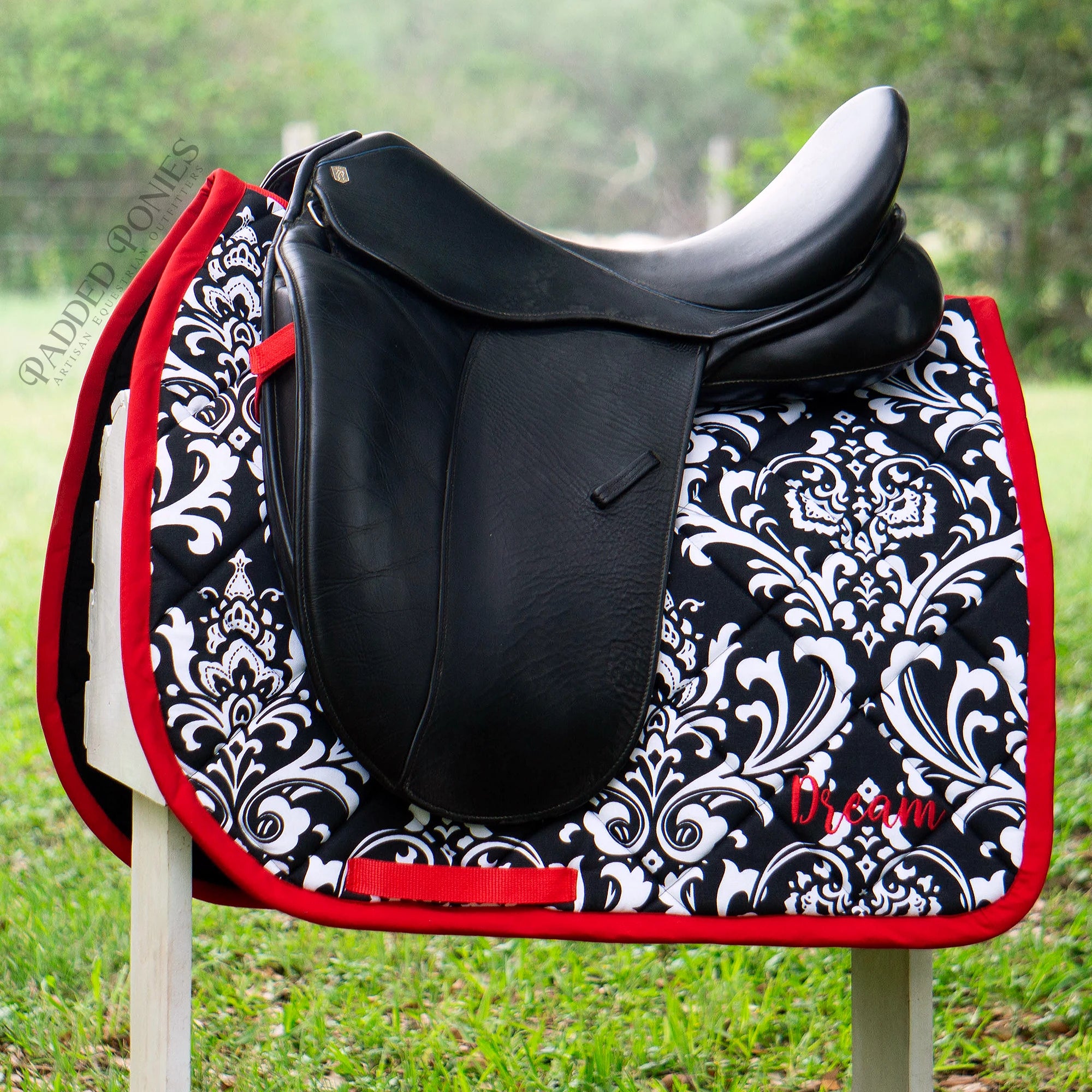 Black and Red Scroll Damask Print Dressage Saddle Pad with Embroidery