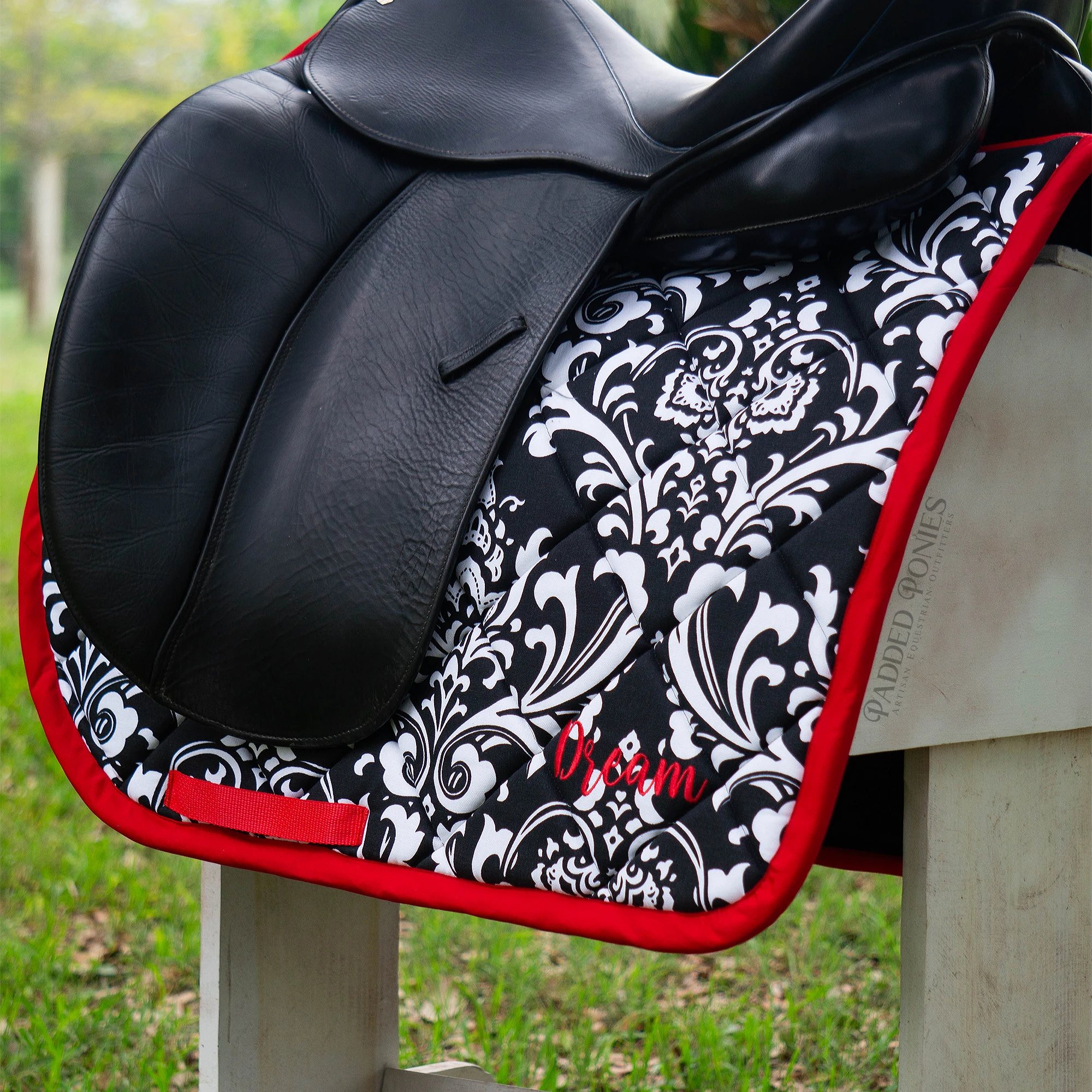 Black and Red Scroll Damask Print Dressage Saddle Pad with Embroidery
