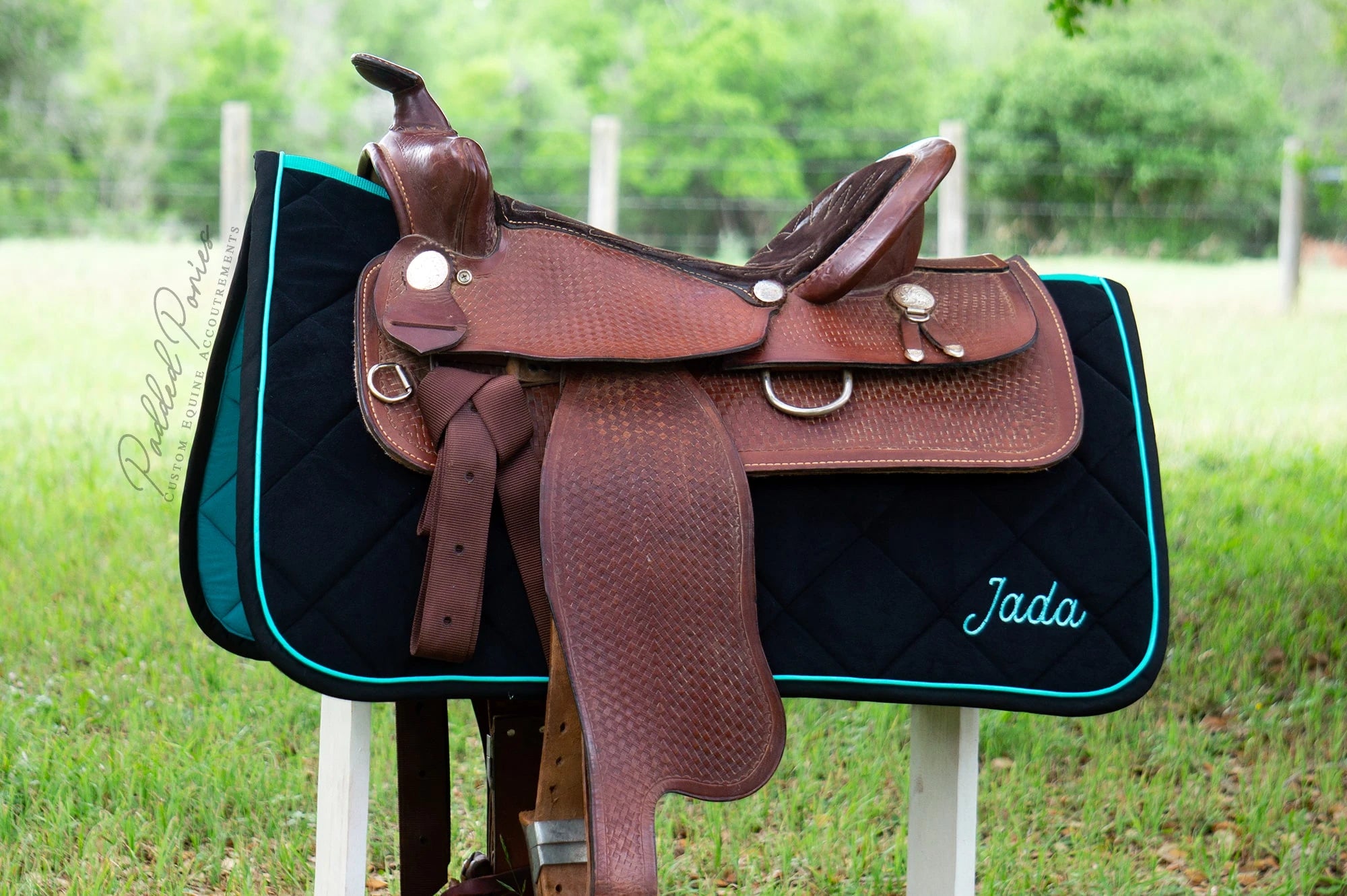 Black and Turquoise Luxe Velvet Western Saddle Pad with Monogram