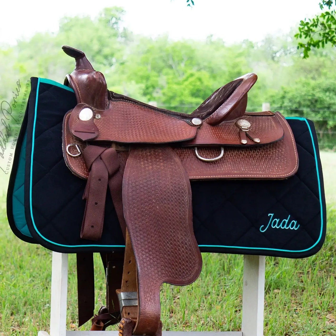 Black and Turquoise Luxe Velvet Western Saddle Pad with Monogram