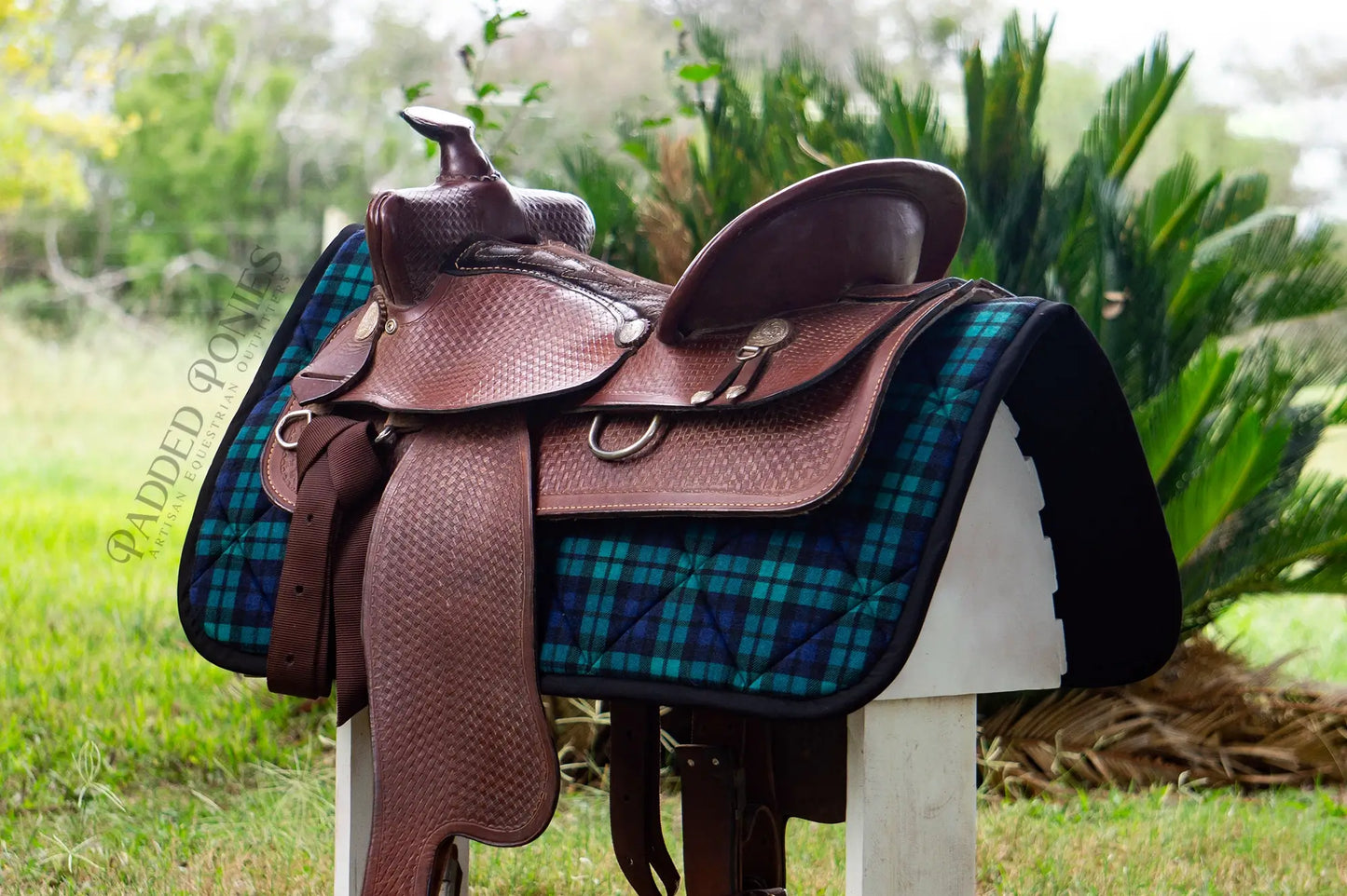 Hunter Green and Navy Blue Blackwatch Plaid Flannel Western Saddle Pad