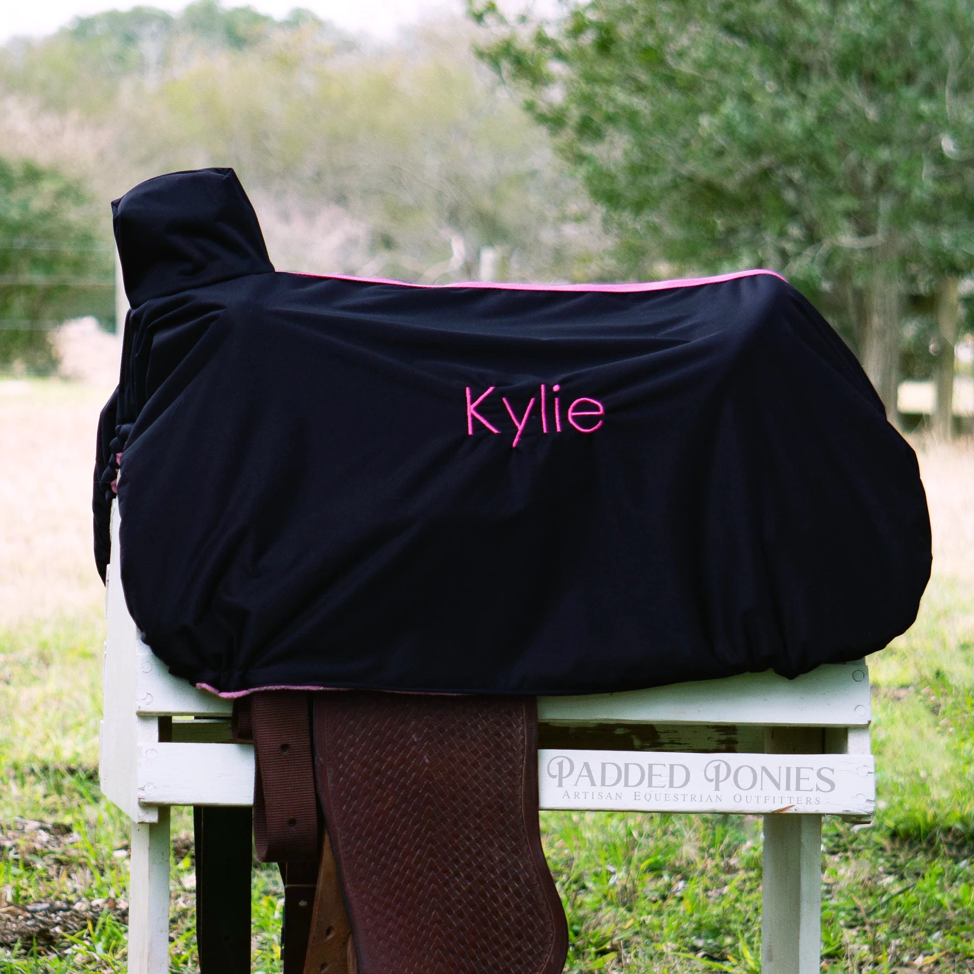 Black and Bubblegum Pink Waterproof Western Saddle Cover with Embroidery