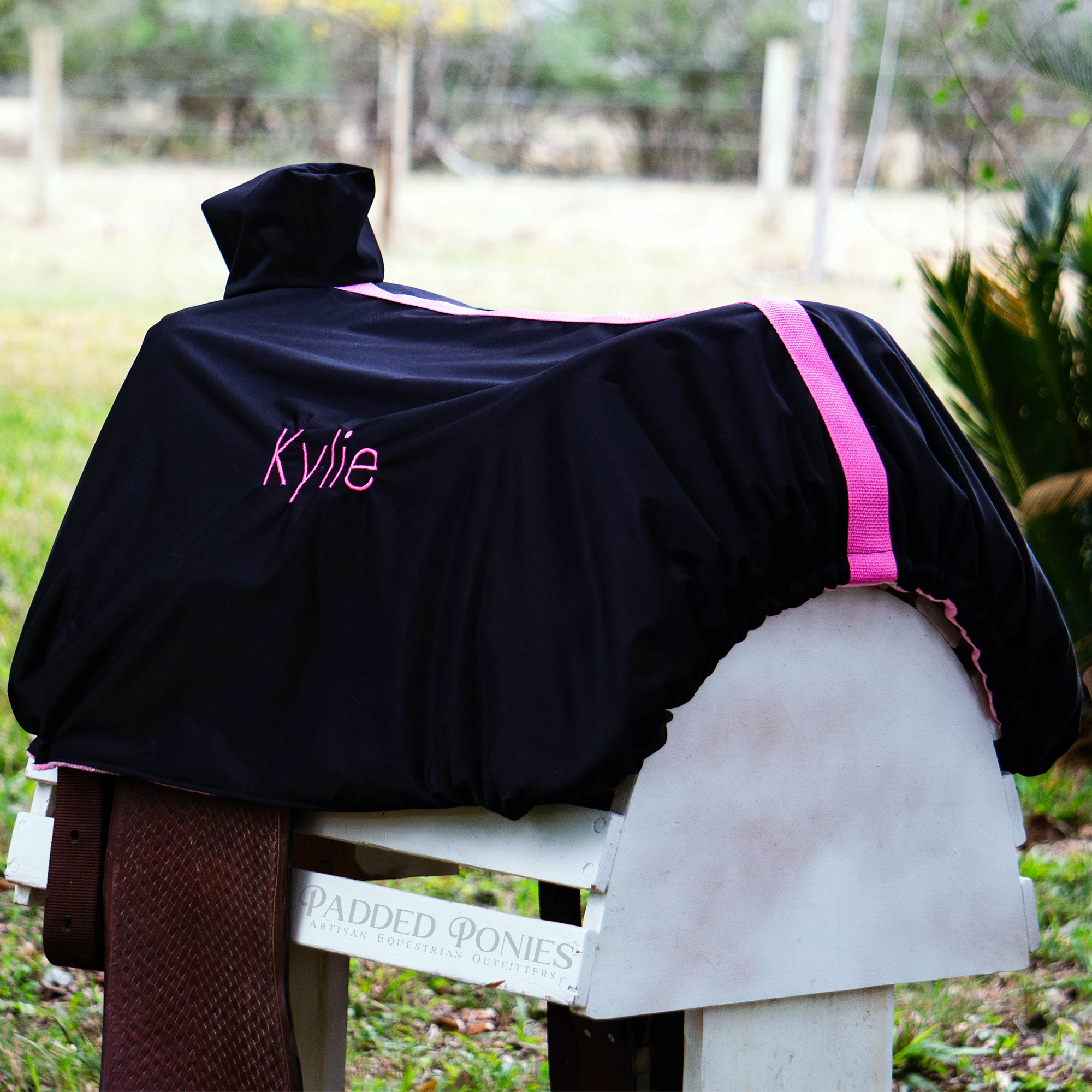 Black and Bubblegum Pink Waterproof Western Saddle Cover with Embroidery
