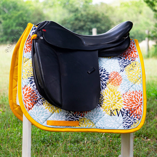 Blue, Yellow, and Orange Floral Blooms Dressage Saddle Pad with Monogram