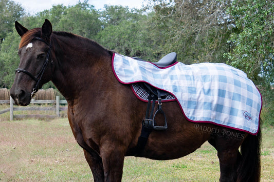 Draft Size Baby Blue and Burgundy Buffalo Plaid Quarter Riding Sheet with Embroidery