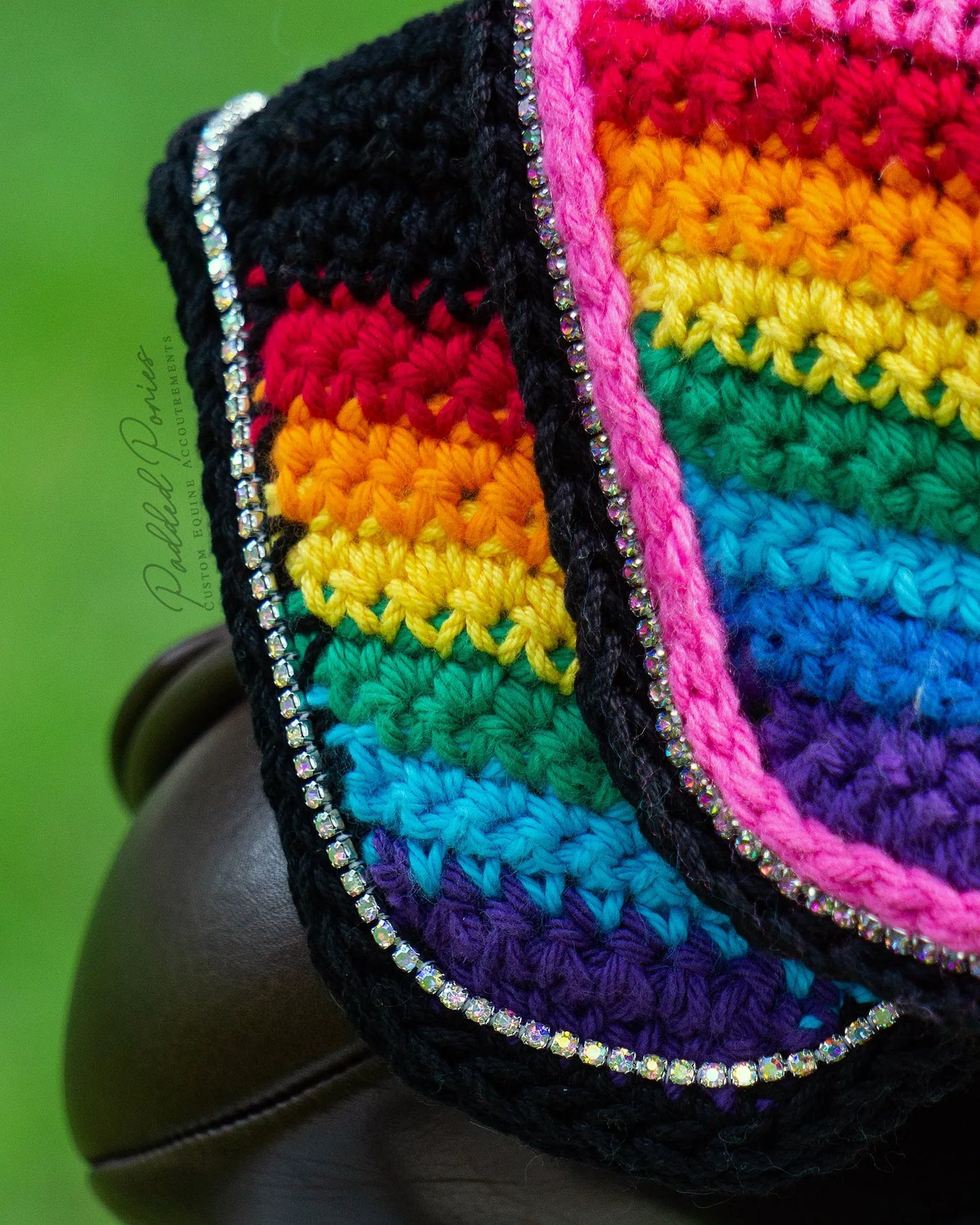 LGBTQ+ Rainbow Flag Tip Black Horse Fly Veil Bonnets with Rhinestones