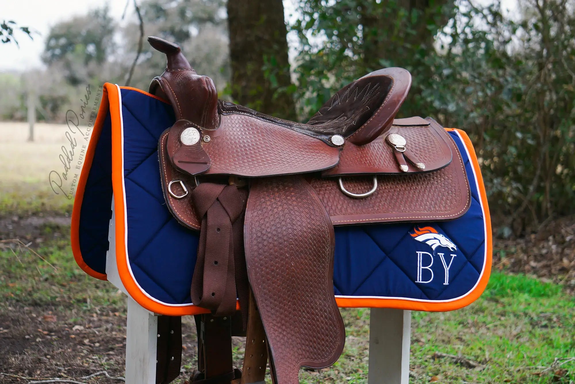 Navy Blue and Orange Denver Broncos Football Patch Western Saddle Pad with Monogram