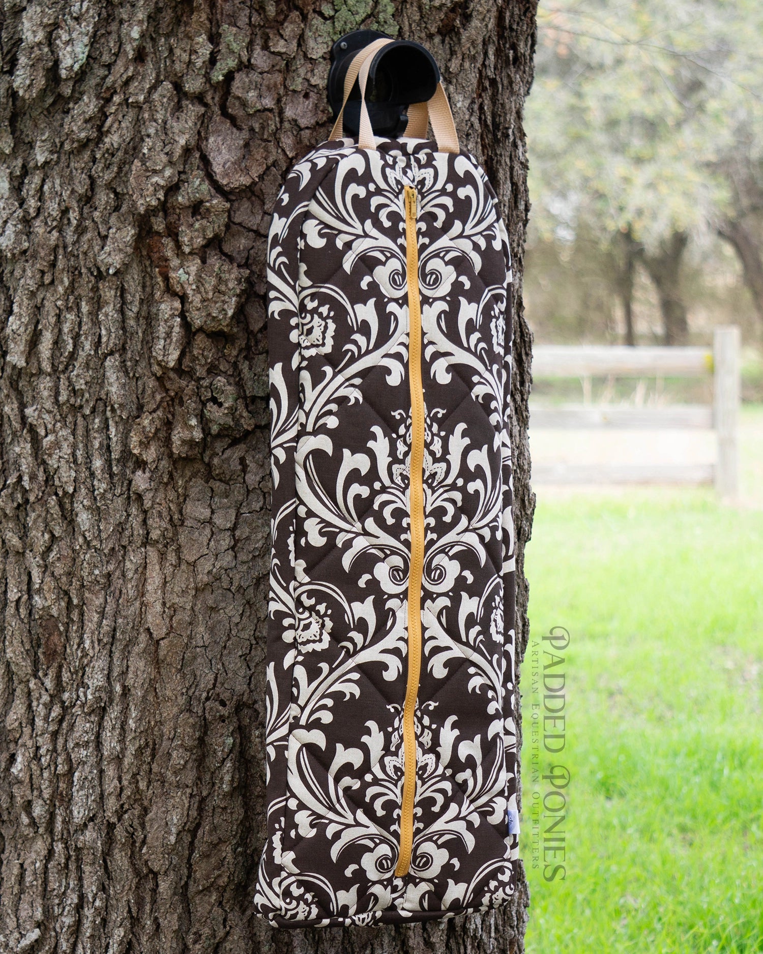Brown and Golden Wheat Damask Print Padded Bridle Bag