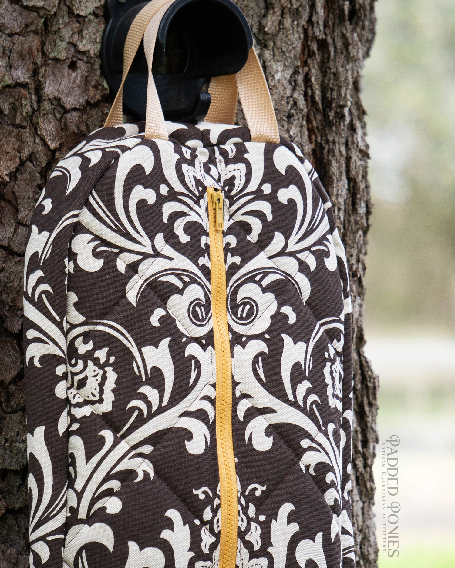 Brown and Golden Wheat Damask Print Padded Bridle Bag