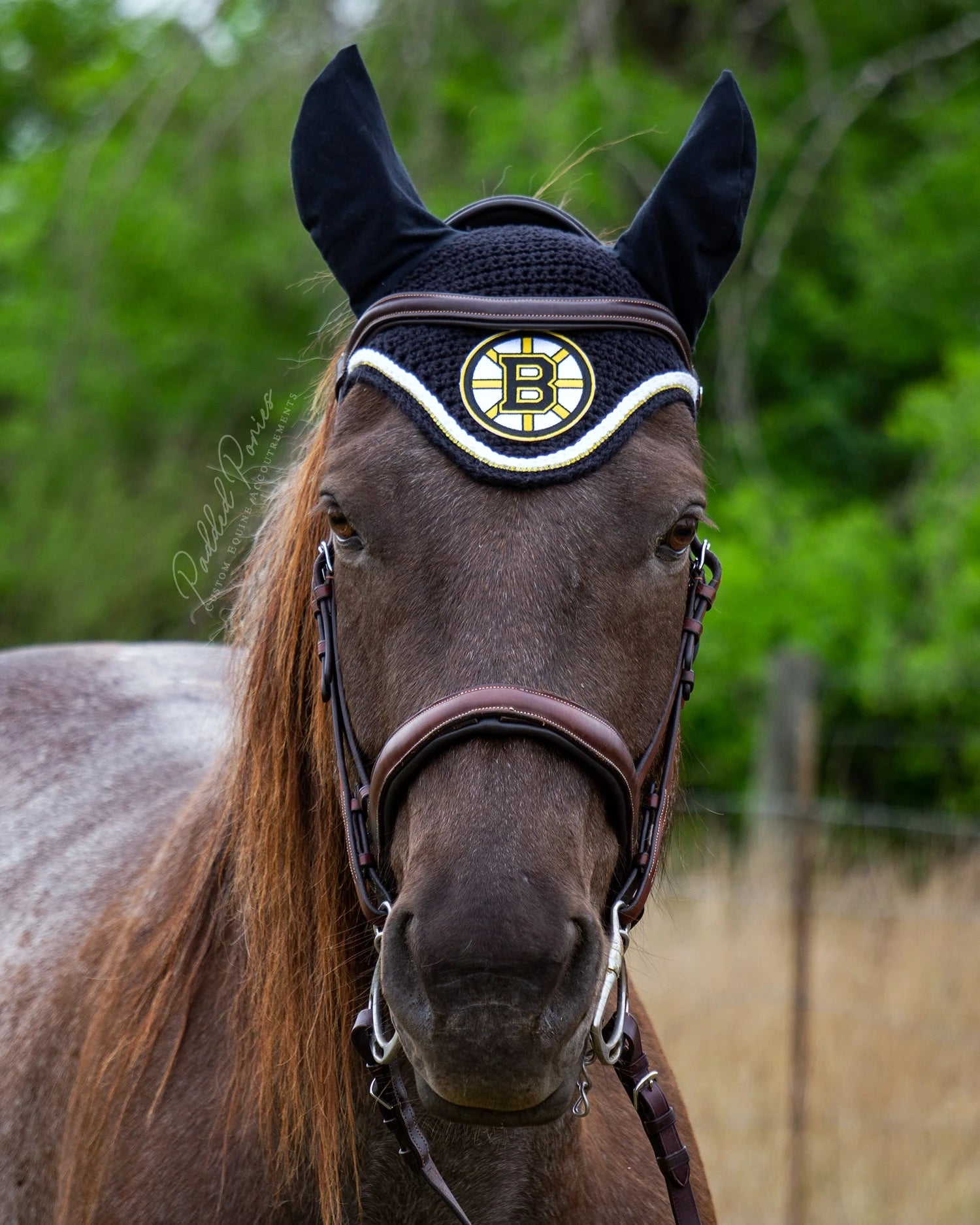 Black and Yellow Boston Bruins Hockey Patch Rhinestone Fly Veil Bonnet