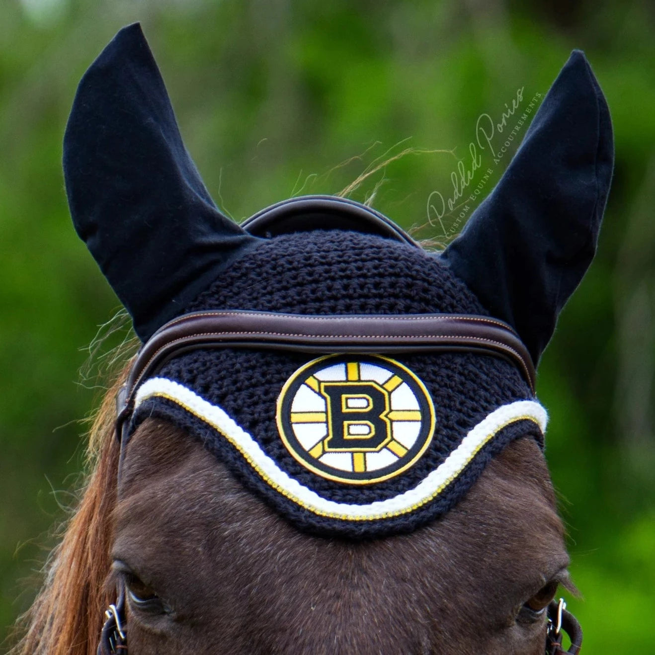 Black and Yellow Boston Bruins Hockey Patch Rhinestone Fly Veil Bonnet