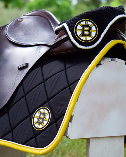 Boston Bruins Hockey Patch Black and Yellow All Purpose Saddle Pad and Matching Rhinestone Fly Veil Bonnet