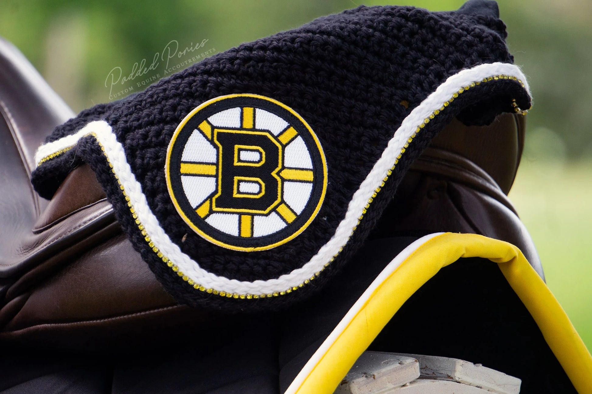 Black and Yellow Boston Bruins Hockey Patch Rhinestone Fly Veil Bonnet with Matching Saddle Pad