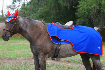 Royal Blue and Red Buffalo Bills NFL Sports Patch Quarter Sheet with Matching Fly Veil Bonnet and Saddle Pad