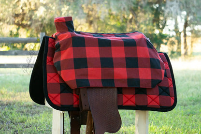 Red and Black Buffalo Plaid Western Saddle Cover with Matching Saddle Pad