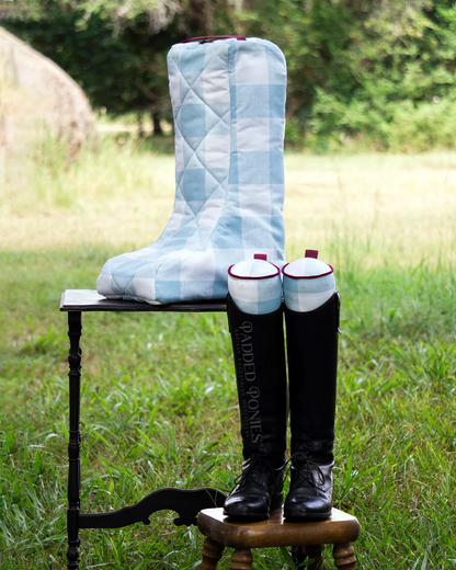 Baby Blue and Burgundy Buffalo Plaid Boot Tree Stuffers and Matching Boot Bag