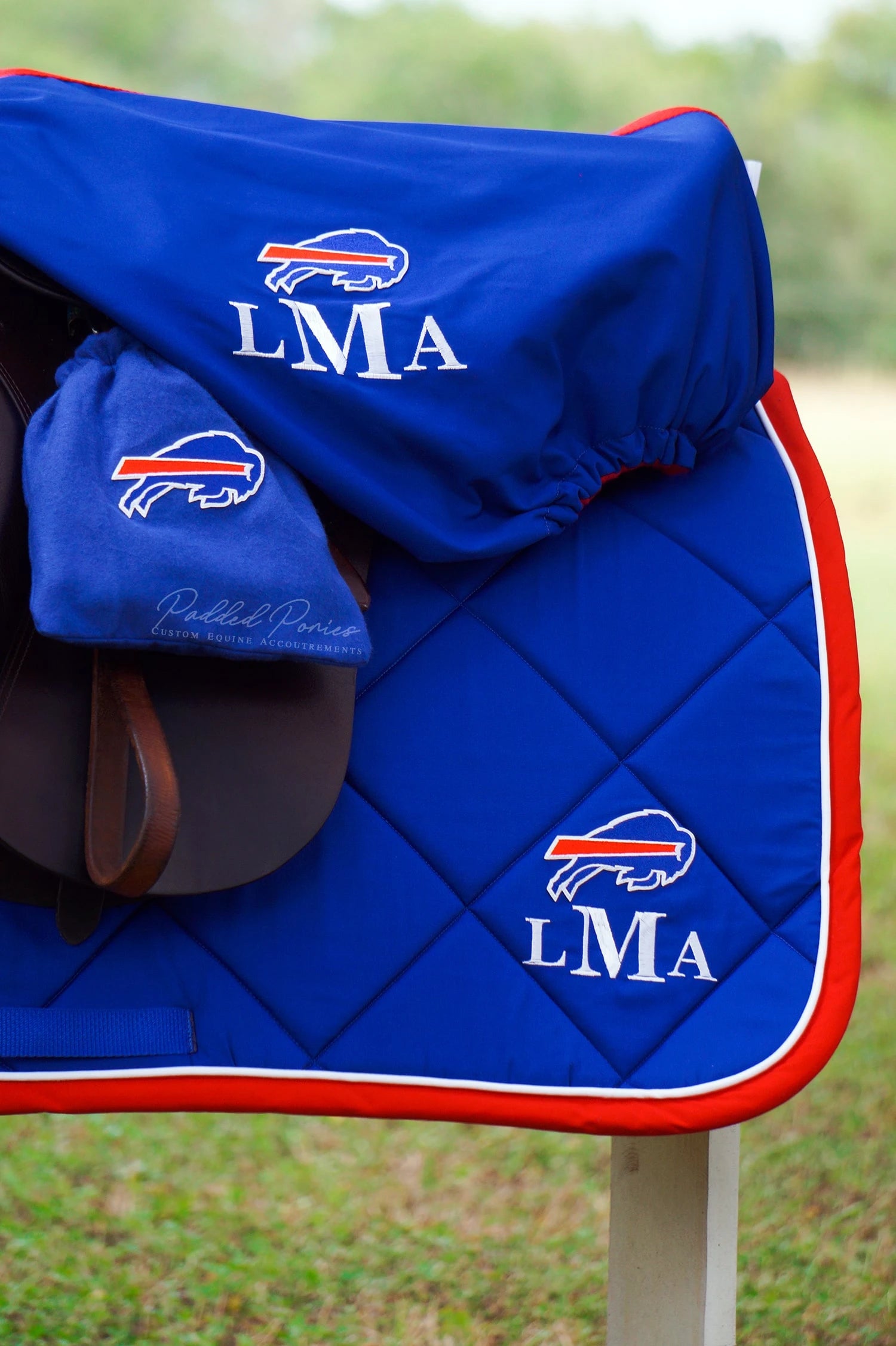 Royal Blue and Red Buffalo Bills Football Patch All Purpose Monogrammed Saddle Cover with Matching Stirrup Covers and Saddle Pad