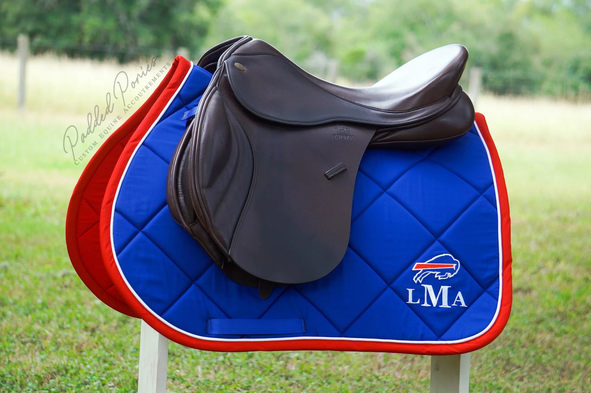 Royal Blue and Red Buffalo Bills Football Patch All Purpose Saddle Pad with Monogram